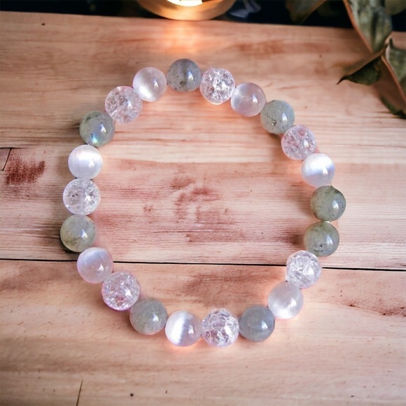 Hand Crafted Jewelry - Light worker Handmade Crystal Labradorite Quartz Selenite Stretch Bracelet